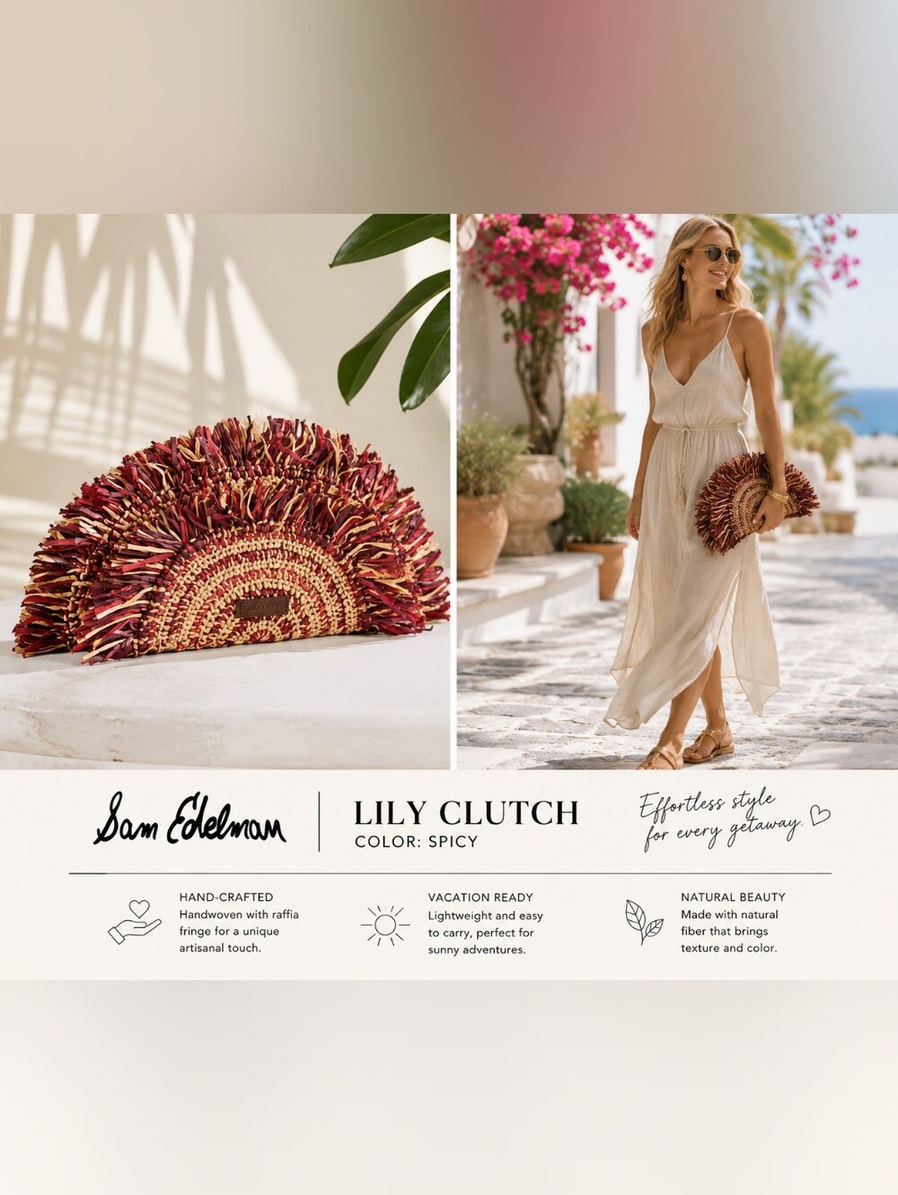 Sam Edelman Lily Clutch - Spicy Red & Natural Raffia Half-Moon